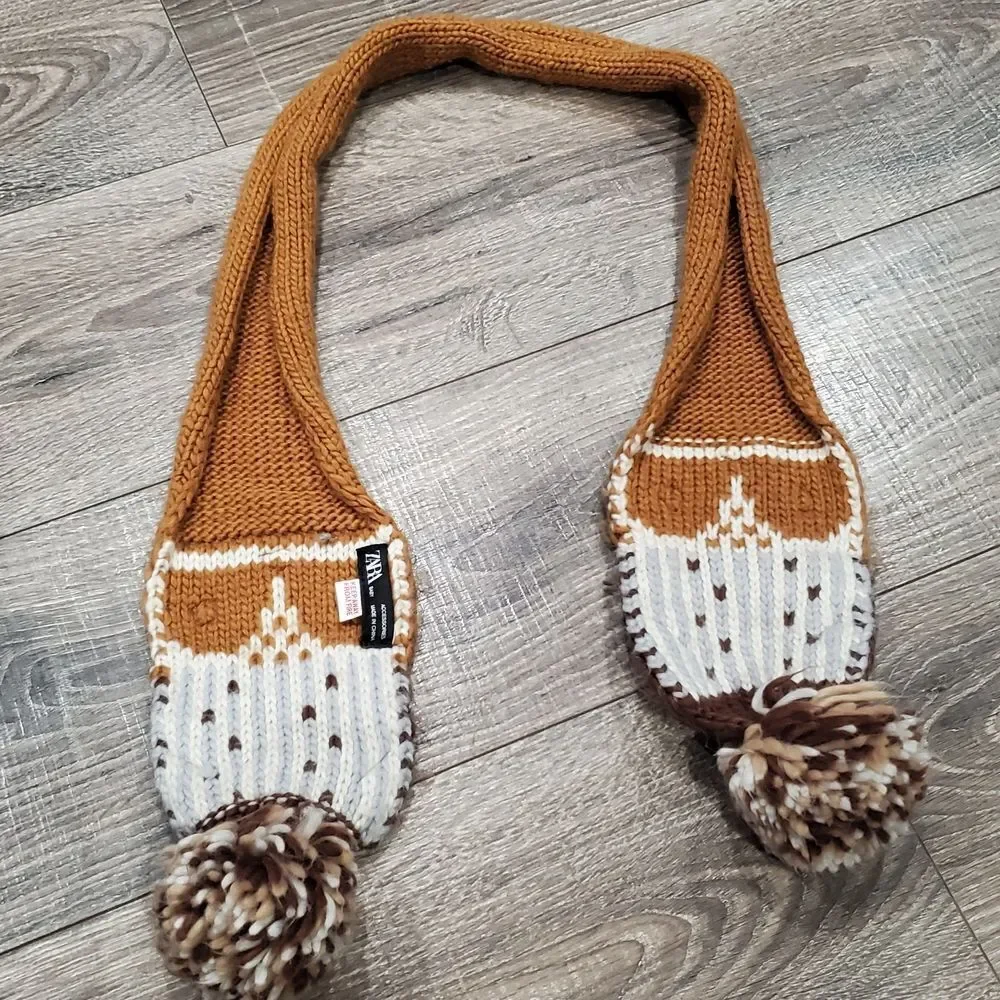Kids Zara Scarf ONE SIZE Kids Fox Scarf with Pom Poms - Brown and Tan